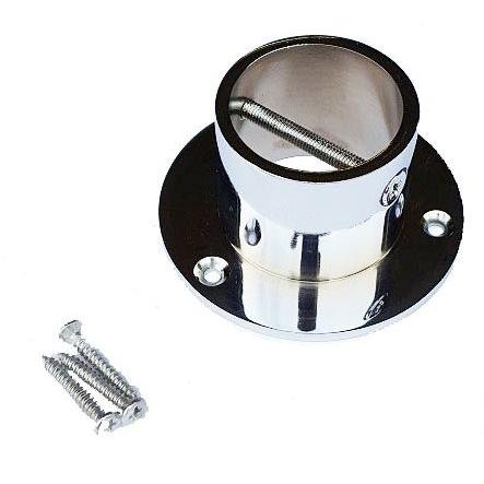 A glossy chrome rope end cup/plate with visible screws and a metal cross screw, designed for attaching a rope to a post.