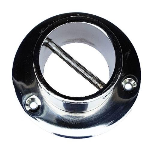 A glossy chrome rope end cup/plate with visible screws and a metal cross screw, designed for attaching a rope to a post.