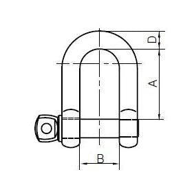 Technical drawing of a stainless steel dee shackle with dimensions labeled