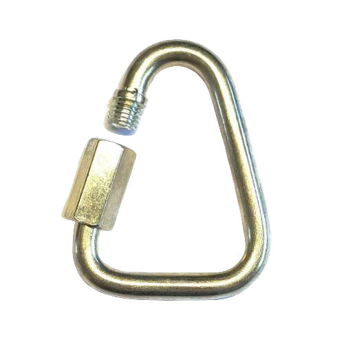 Metal delta link with a screw gate on a white background