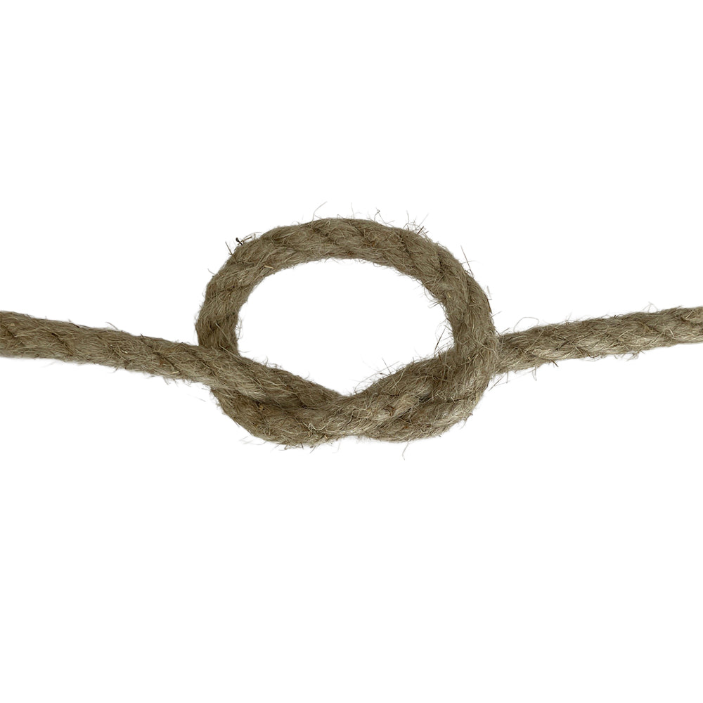 Close-up of a knotted piece of flax hemp rope on a white background