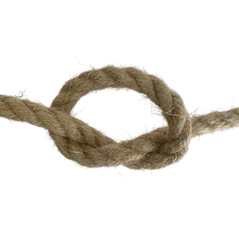 Close-up of a knotted piece of flax hemp rope on a white background