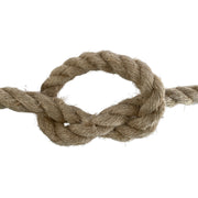 Close-up of a knotted piece of brown flax hemp rope on a white background