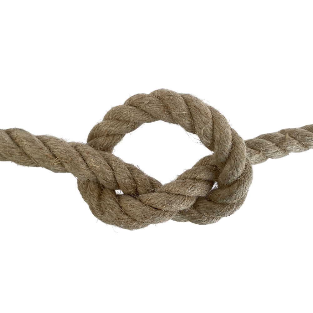Natural flax hemp rope with a knot on a white background