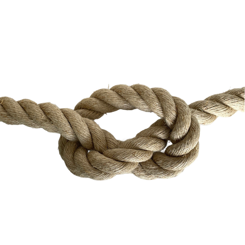 Close-up of a knotted piece of flax hemp rope on a white background