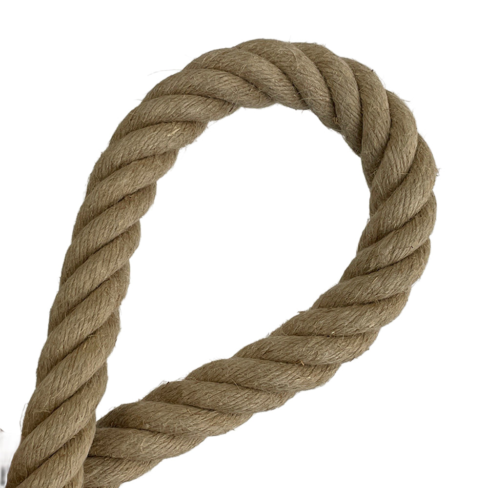 Loop of brown flax hemp rope on a white background