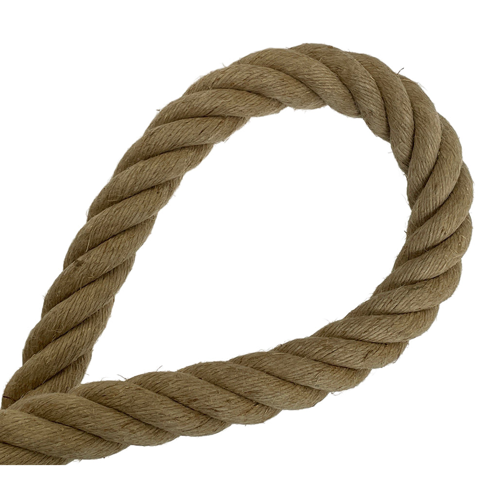 Loop of brown flax hemp rope on a white background
