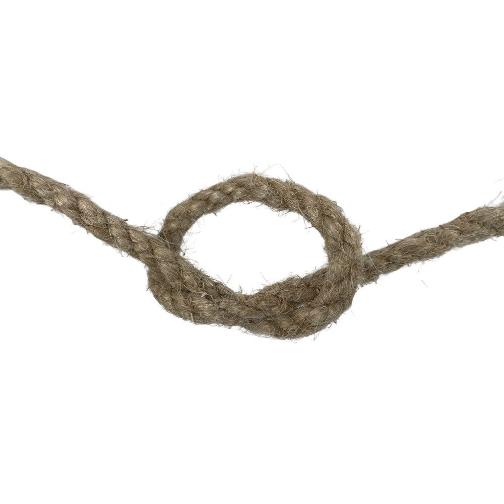 Close-up of a knot in a flax hemp rope on a white background
