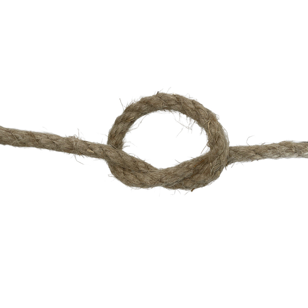 Close-up of a knotted piece of flax hemp rope on a white background