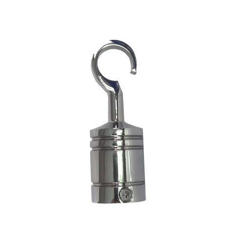 A glossy chrome hook with a visible screw for securing a rope, against a plain background.