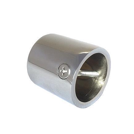 A cylindrical glossy chrome cap end fpr rope with a visble cross screw.