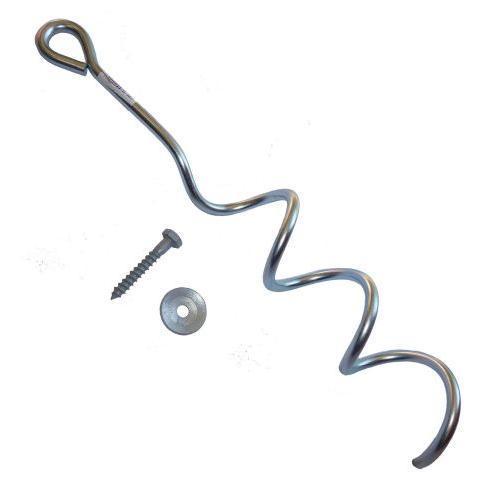 Spiral metal ground anchor with bolt and washer on a white background