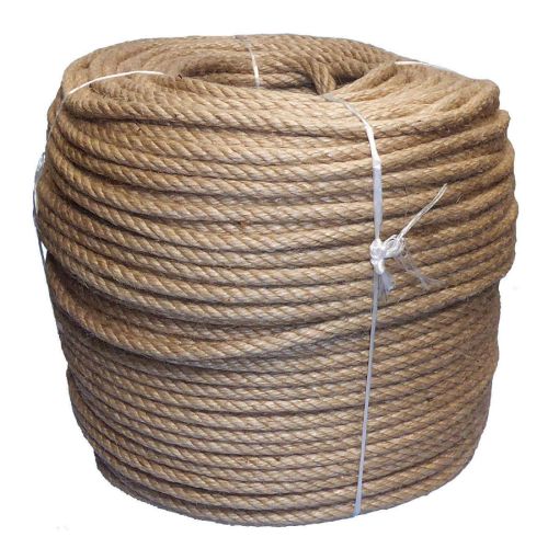 A coil of 10mm natural Jute rope with a synthetic core, packaged and ready for sale.
