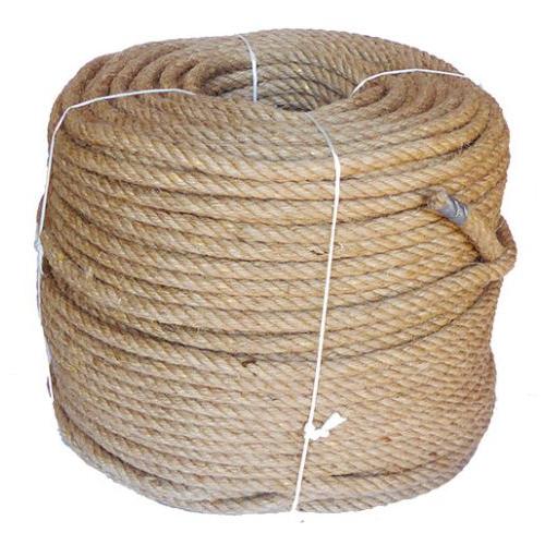 Coil of 12mm brown jute rope on a white background