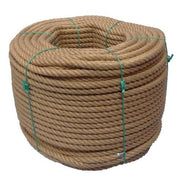 Coil of 16mm brown jute rope with green binding on a white background