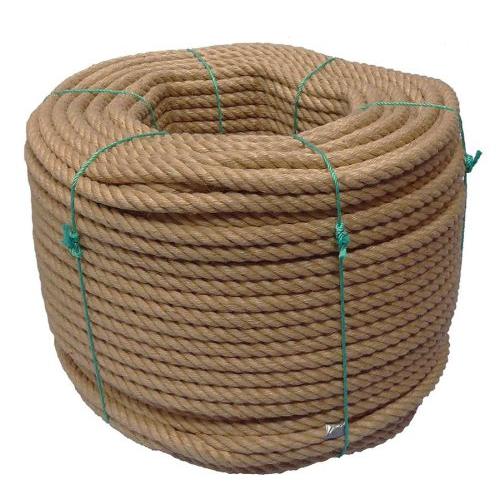 Coil of 16mm brown jute rope with green binding on a white background