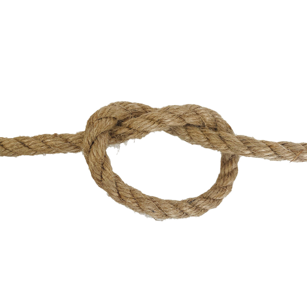 Close-up of a knotted piece of 6mm jute rope on a white background