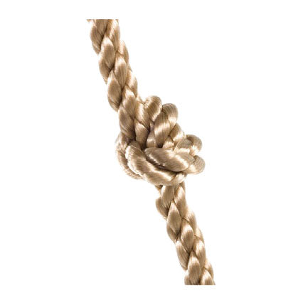 Close-up of a beige rope with a knot on a white background