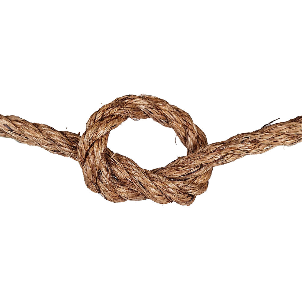 Close-up of a knotted piece of brown rope on a white background