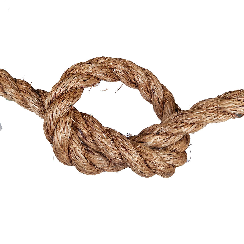 Close-up of a knotted piece of brown rope on a white background