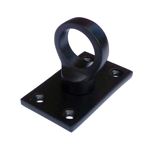 A matt black powder-coated brass eye plate with multiple screw holes and an central circular eye for rope hooks.