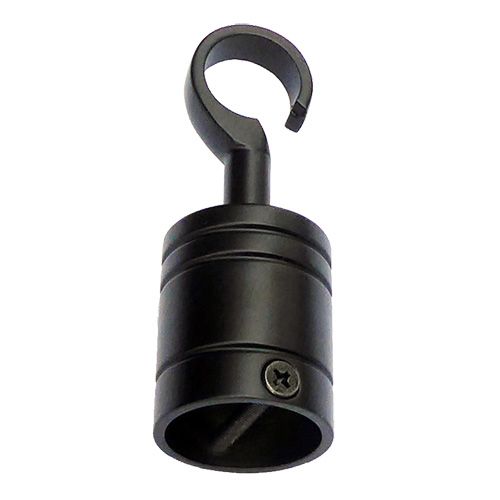 A matt black, powder-coated brass end hook for rope with a countersunk cross screw.