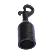 A matt black powder-coated brass trigger hook for rope with a countersunk cross screw.