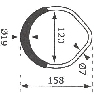 Technical drawing of a metal gym ring with dimensions