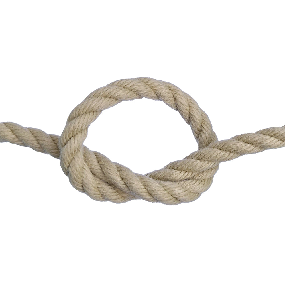 Beige polyhemp rope with a knot on a white background