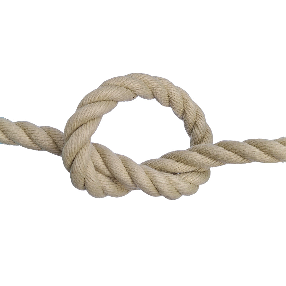 Beige polyhemp rope with a knot on a white background