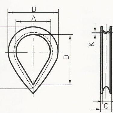 Technical drawing of a metal rope thimble dimensions