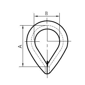 Technical drawing of a teardrop-shaped rope thimble with dimensions labeled A and B.