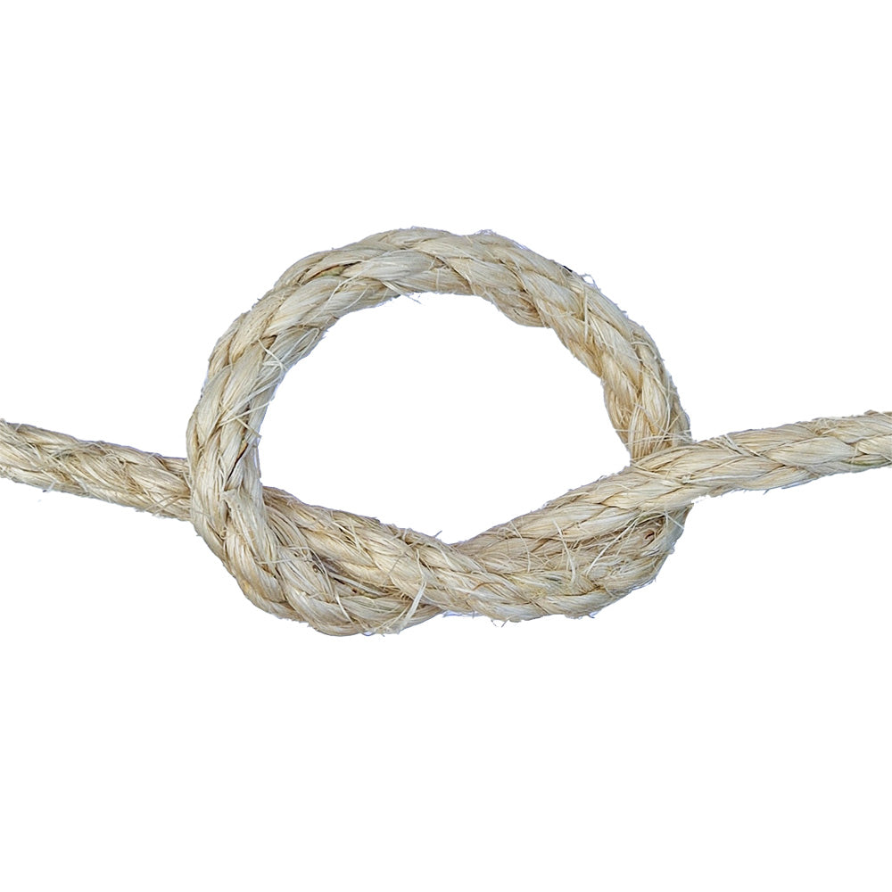 Coiled piece of natural sisal rope on a white background