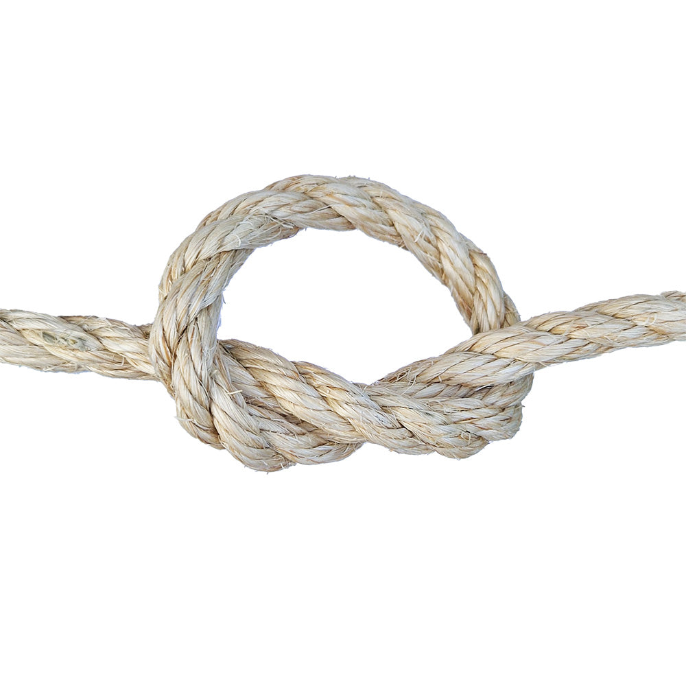 Tight knot made of natural sisal rope on a white background