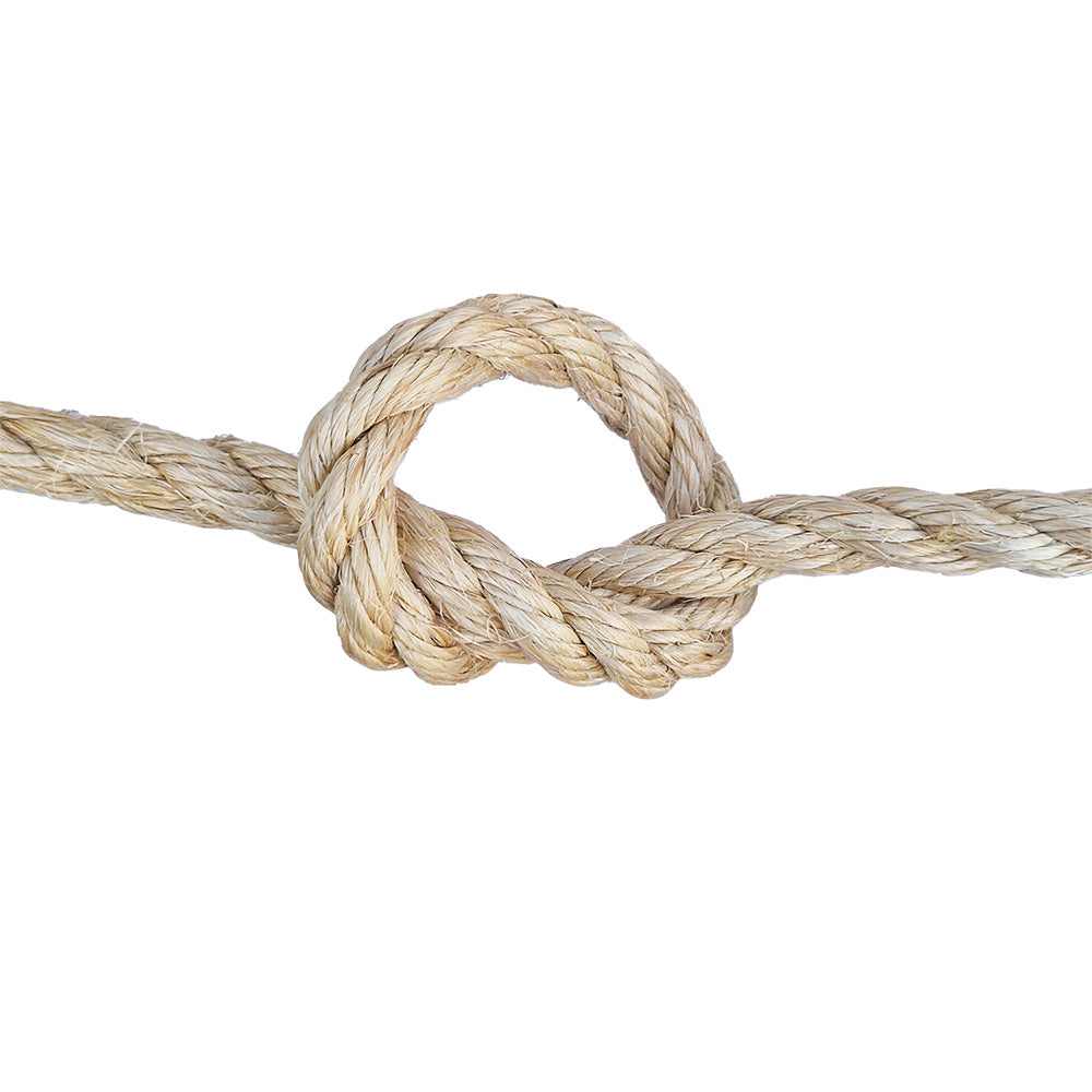Close-up of a knotted piece of sisal rope on a white background