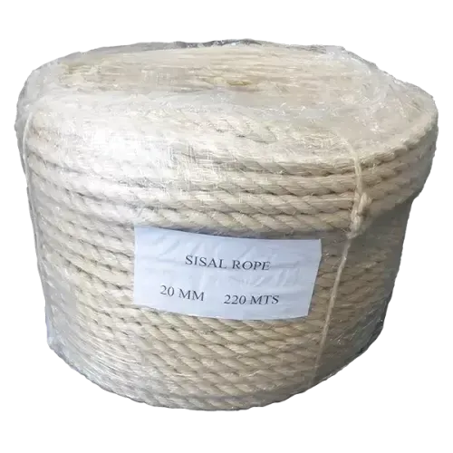 Coil of 20mm natural sisal rope with a label on a white background