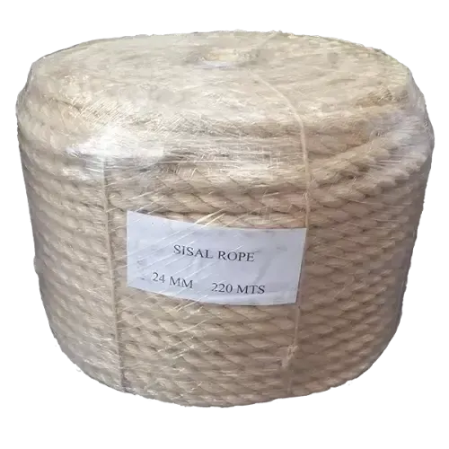Coil of 24mm natiral sisal rope with a label on a white background