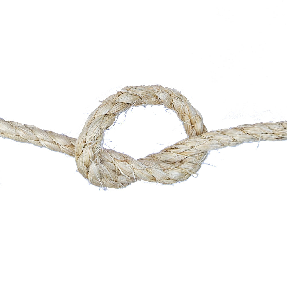 Close-up of a knotted piece of natural sisal rope on a white background
