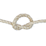 Close-up of a knotted piece of natural sisal rope on a white background