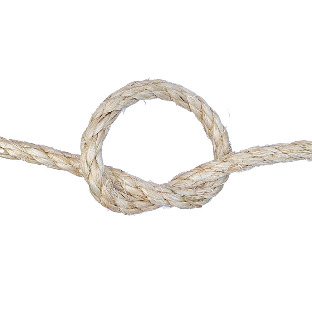 Close-up of a knotted piece of natural sisal rope on a white background