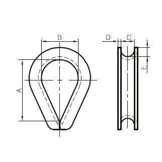 Technical drawing of a stainless steel rope thimble with labeled dimensions on a white background