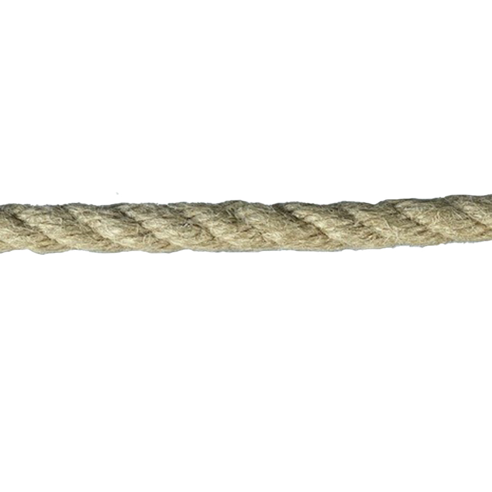Close-up of beige 10mm synthetic hemp rope on a white background