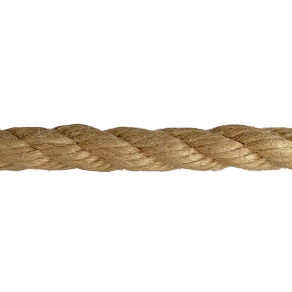 Close-up of beige 12mm synthetic hemp rope on a white background