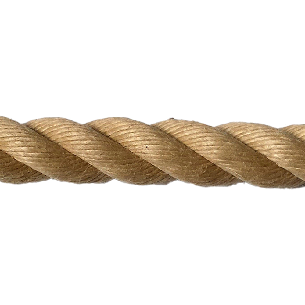 Close-up of beige 20mm synthetic hemp rope on a white background