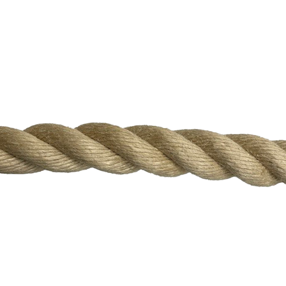 Close-up of beige 24mm synthetic hemp rope on a white background
