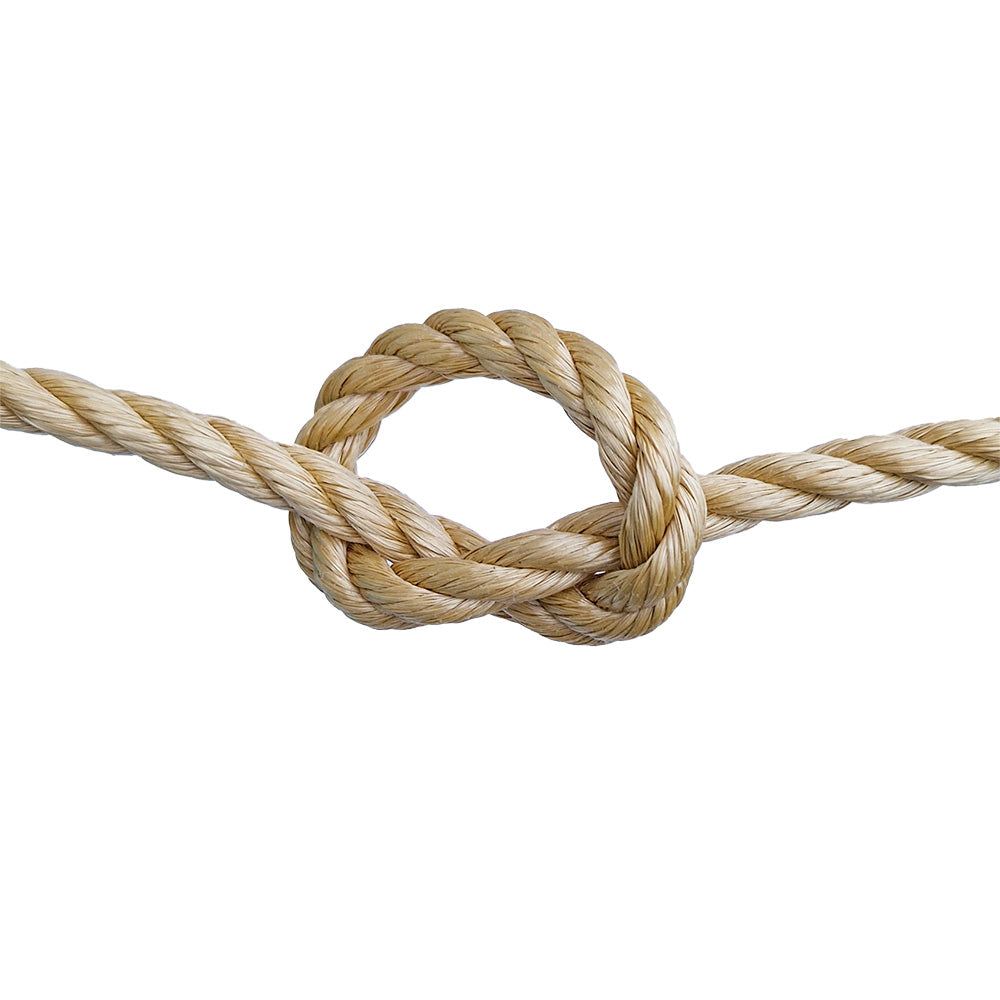 Close-up of a knotted beige rope on a white background