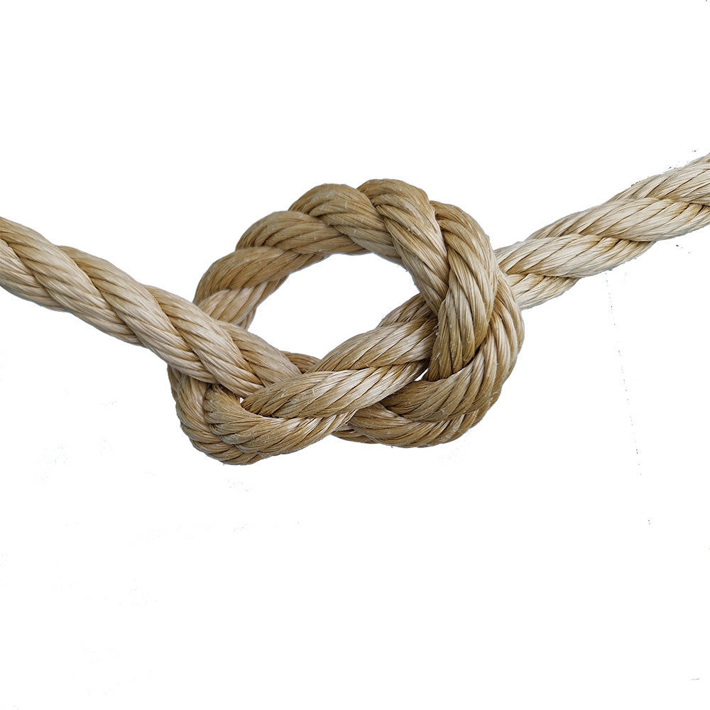Close-up of a knotted piece of beige rope on a white background