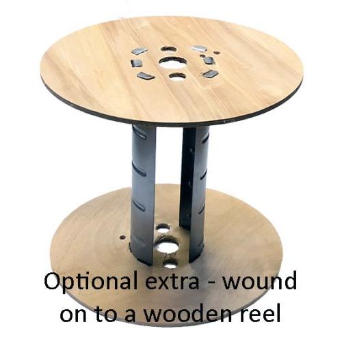Wooden reel with metal core and text 'Optional extra - wound on to a wooden reel' on a white background