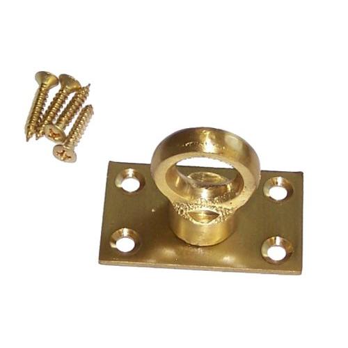 A polished brass eye plate for rope hooks, including four mounting screws.