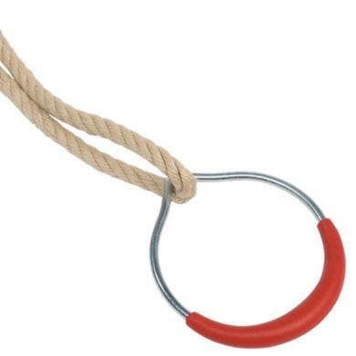 Metal gym ring with red grip with rope on a white background